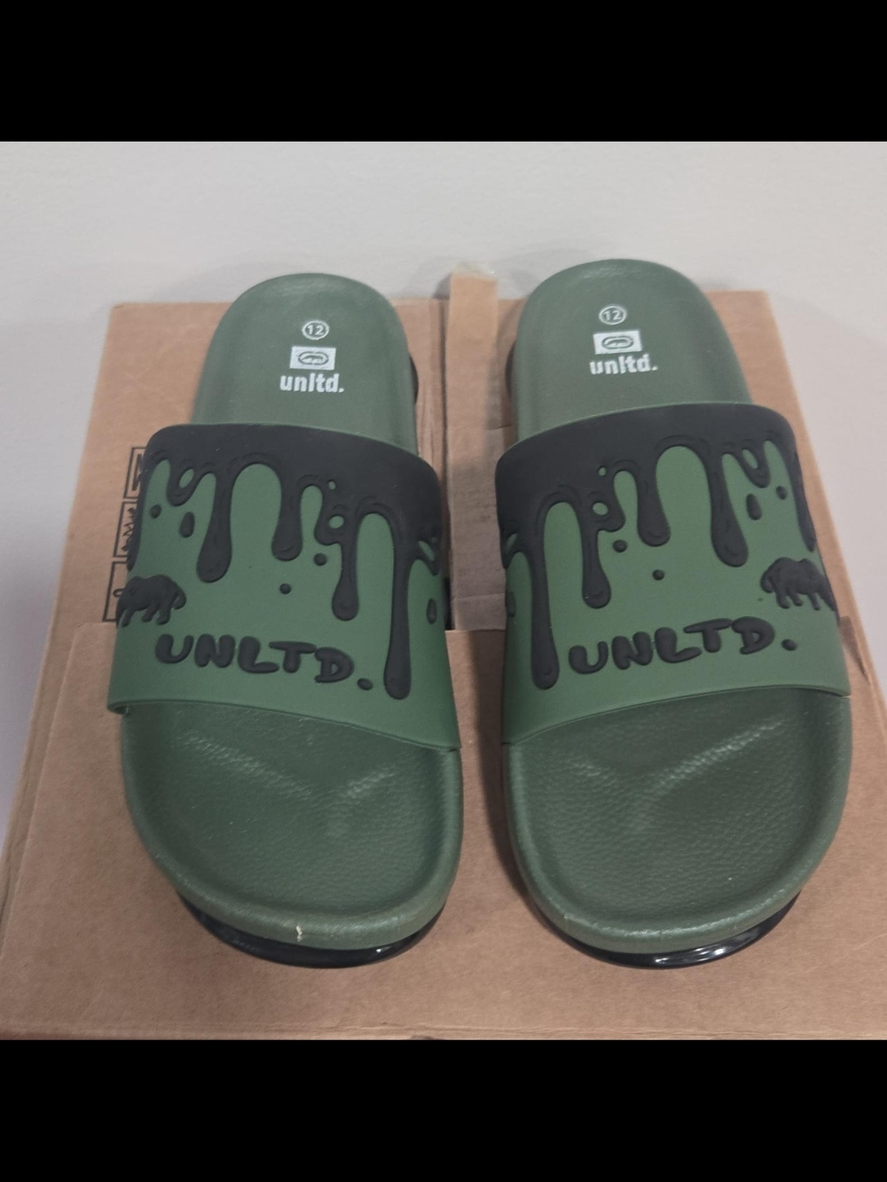 Ecko Unlimited Olive Green Slide Sandals with Black Drip Design